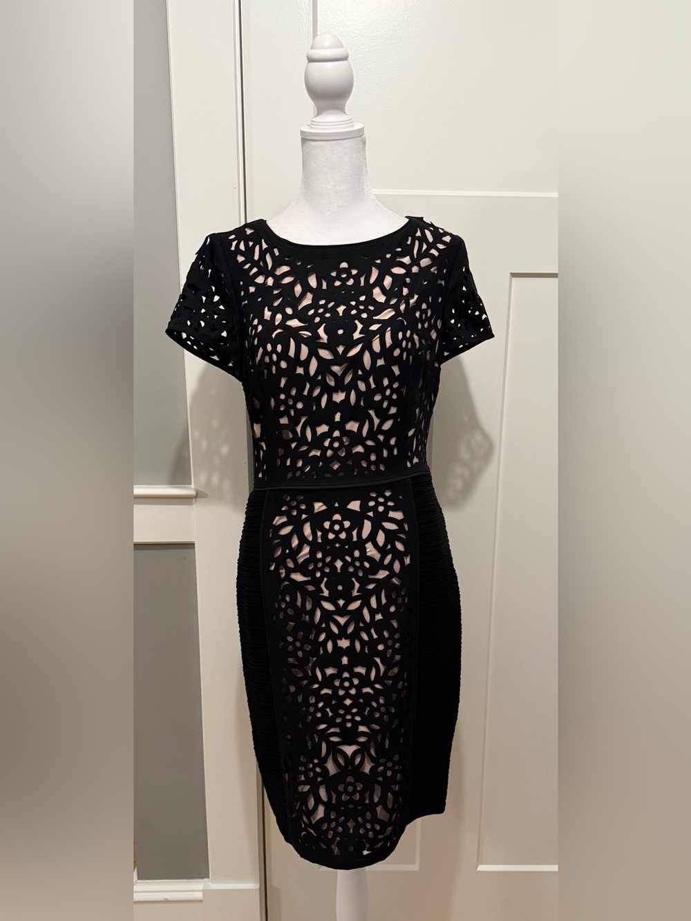 Maeve Black Laser-Cut Midi Dress with Nude Underlay